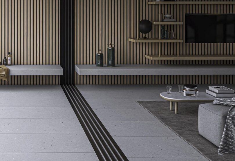 Stone and concrete effect tiles transforming home spaces with texture and style