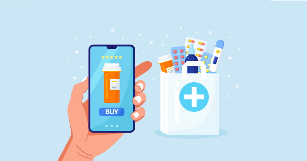 Human Hand Holding Mobile Phone For Medicine Online Payment. Home Delivery Pharmacy Service. Paper Bag With Pills Bottle, Medicines, Drugs, Thermometer Inside. Medical Assistance, Health Care Concept